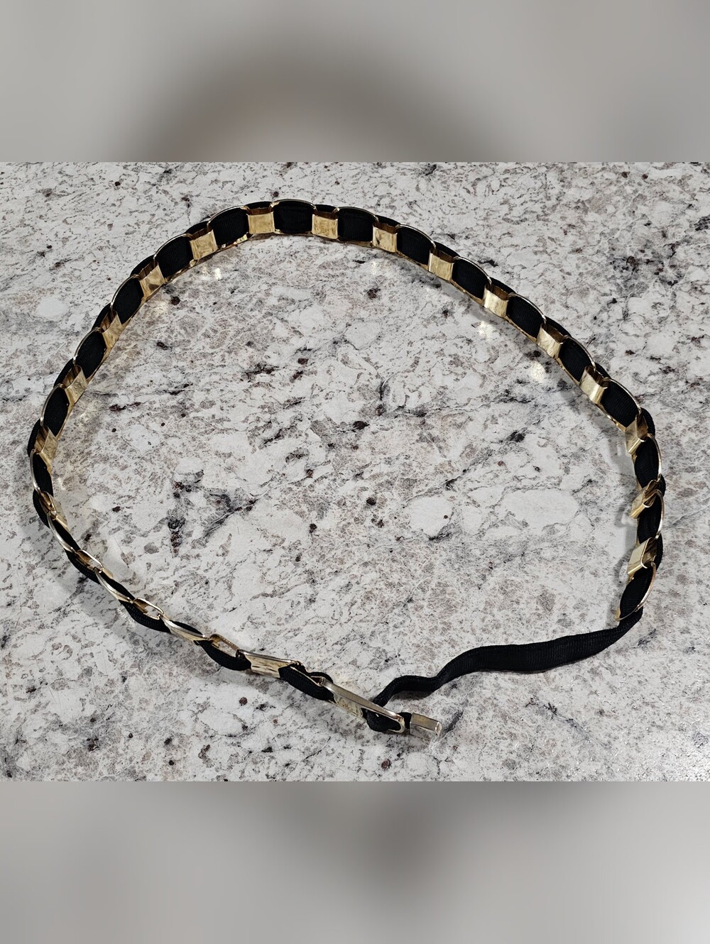 Vintage Salvatore Ferragamo Black Grosgrain Gold Link Belt Italy Adjustable 33”